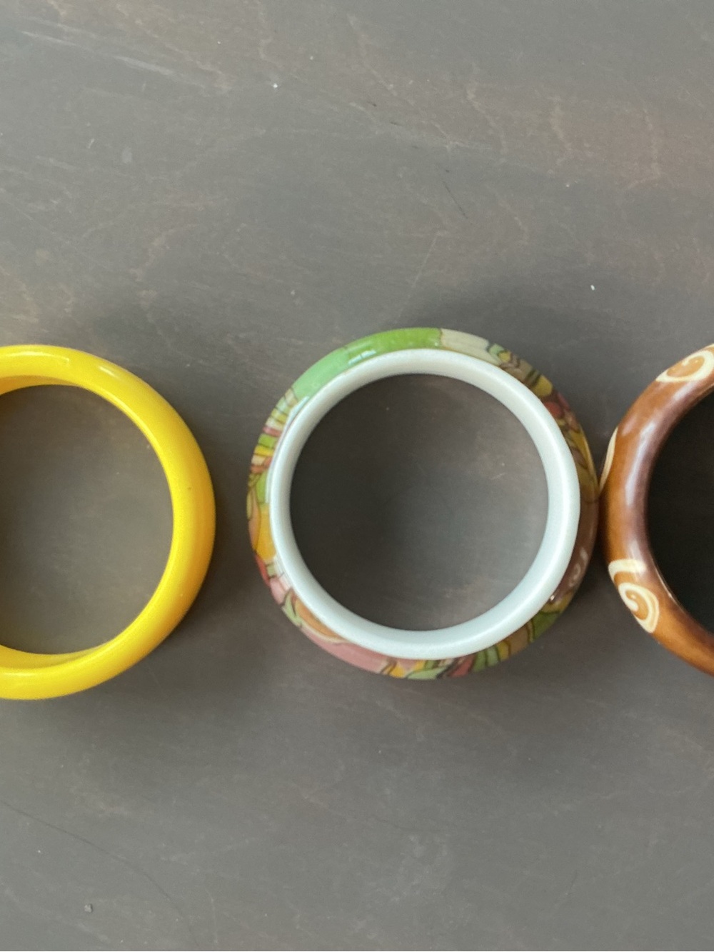 Set of Three Colorful Resin Bangles - Yellow, Floral Multi, Brown Swirl 20$